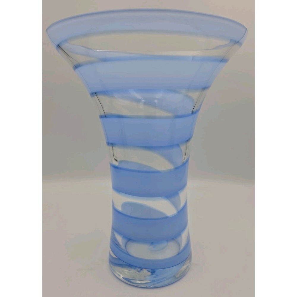 Vtg Mid Century Murano Blown Glass Art Vase 9 1/2" Tall Blue White Swirl NO MARK